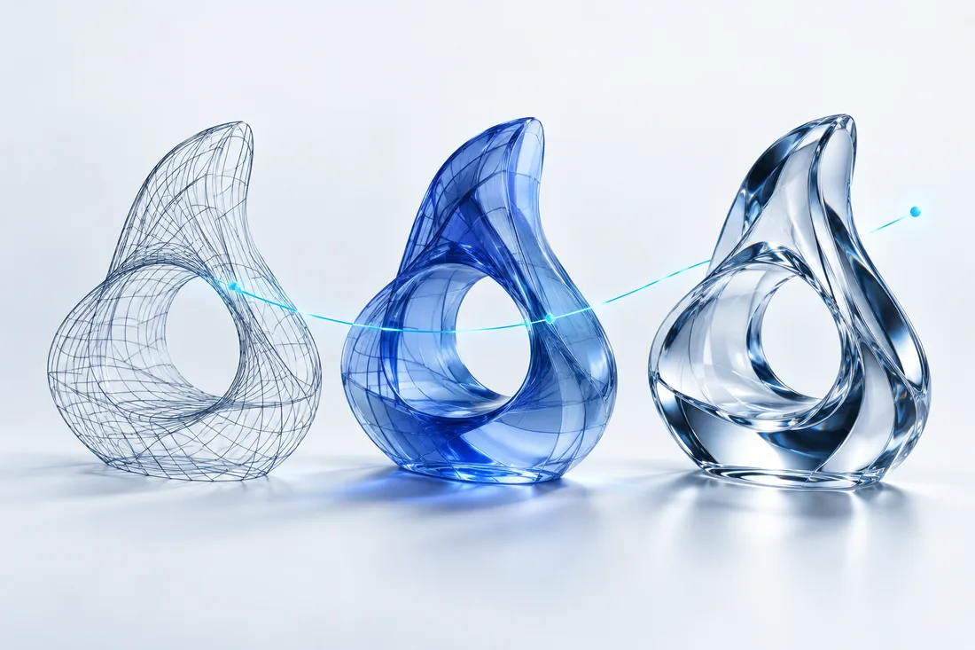 A concept progressing from wireframe to prototype to finished object