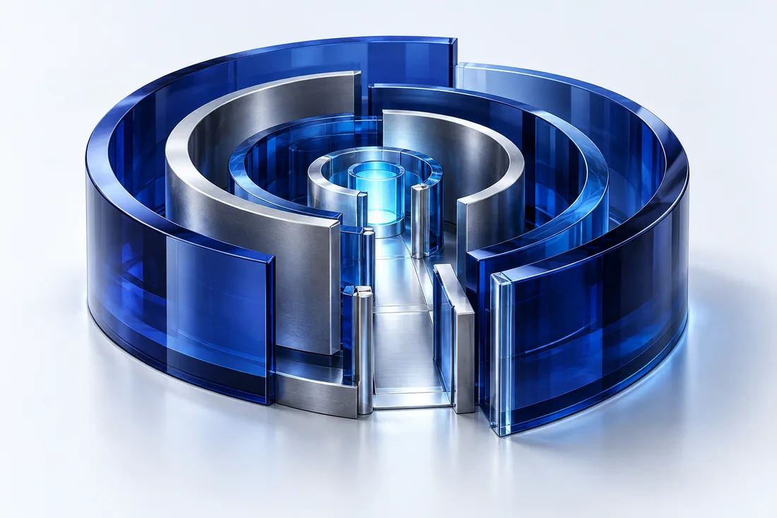 Layered glass and titanium walls surrounding a protected core