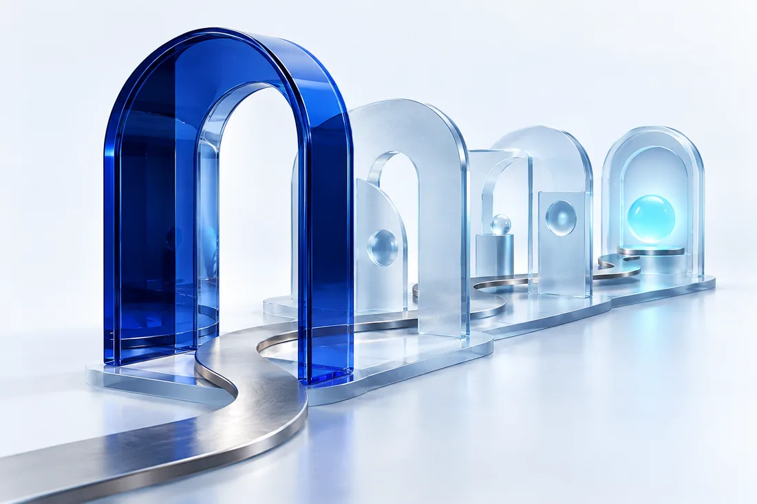 A flowing path through glass gateways toward a connection point